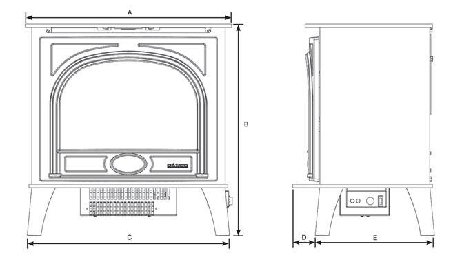 Gazco Stockton2 Medium Electric Stove Dimension Diagram
