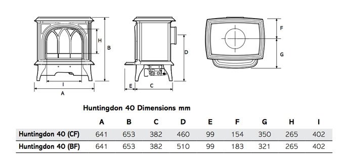 Gazco Huntingdon 40 Gas Stove Dimension Diagram