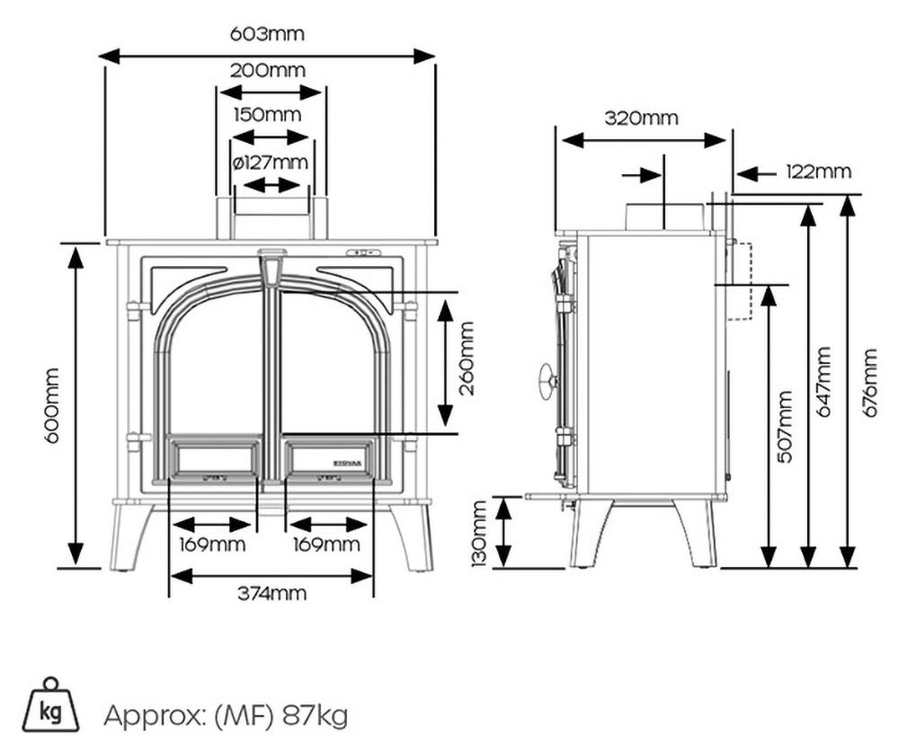 Stovax Stockton 5 Wide Dimension Diagram