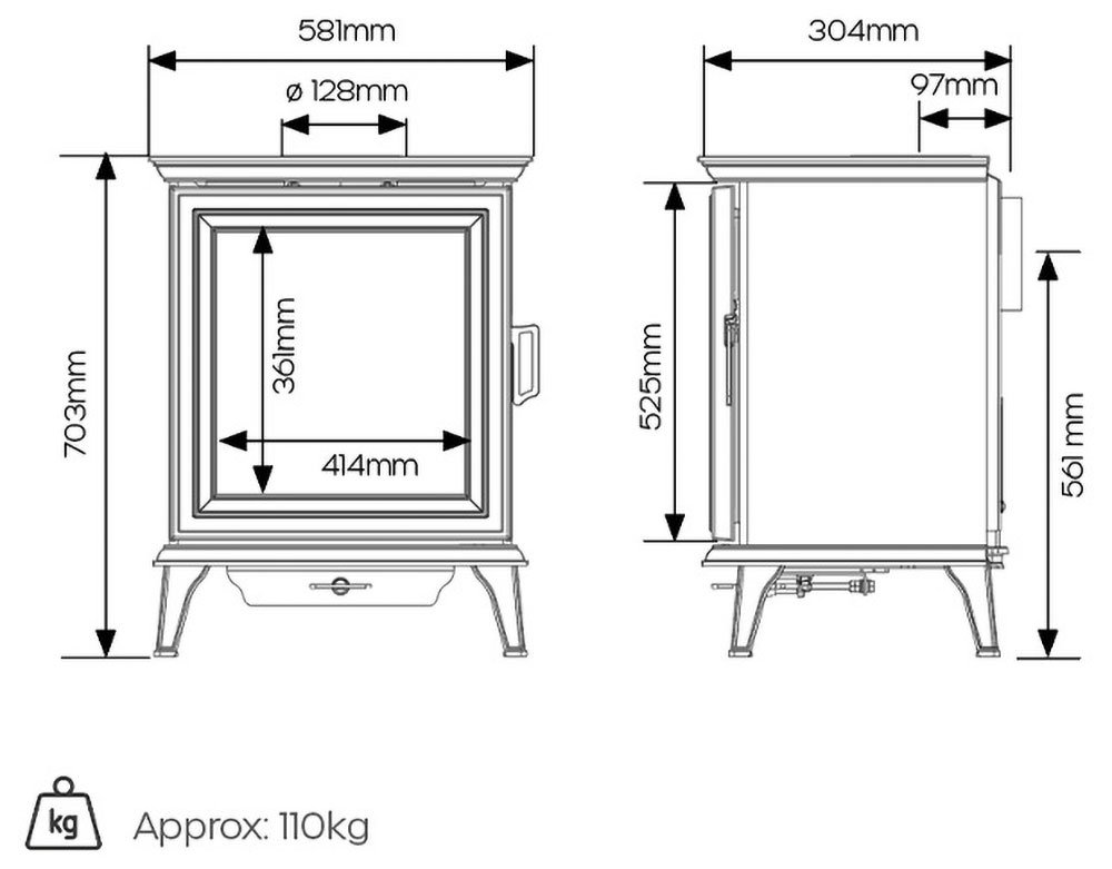 Stovax Sheraton 5 Wide Dimension Diagram
